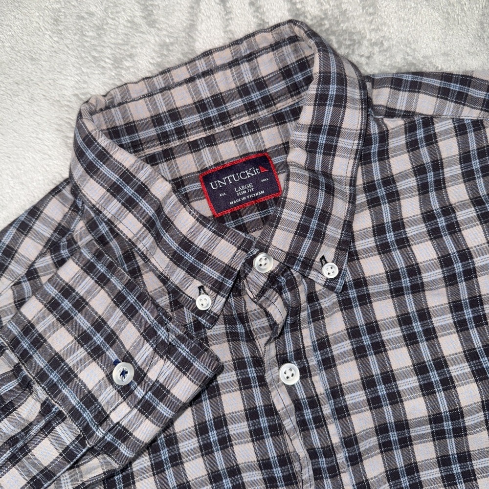 UNTUCKit Shirt Men Large Gray Blue Plaid‎ Performance Long Sleeve Button Casual
